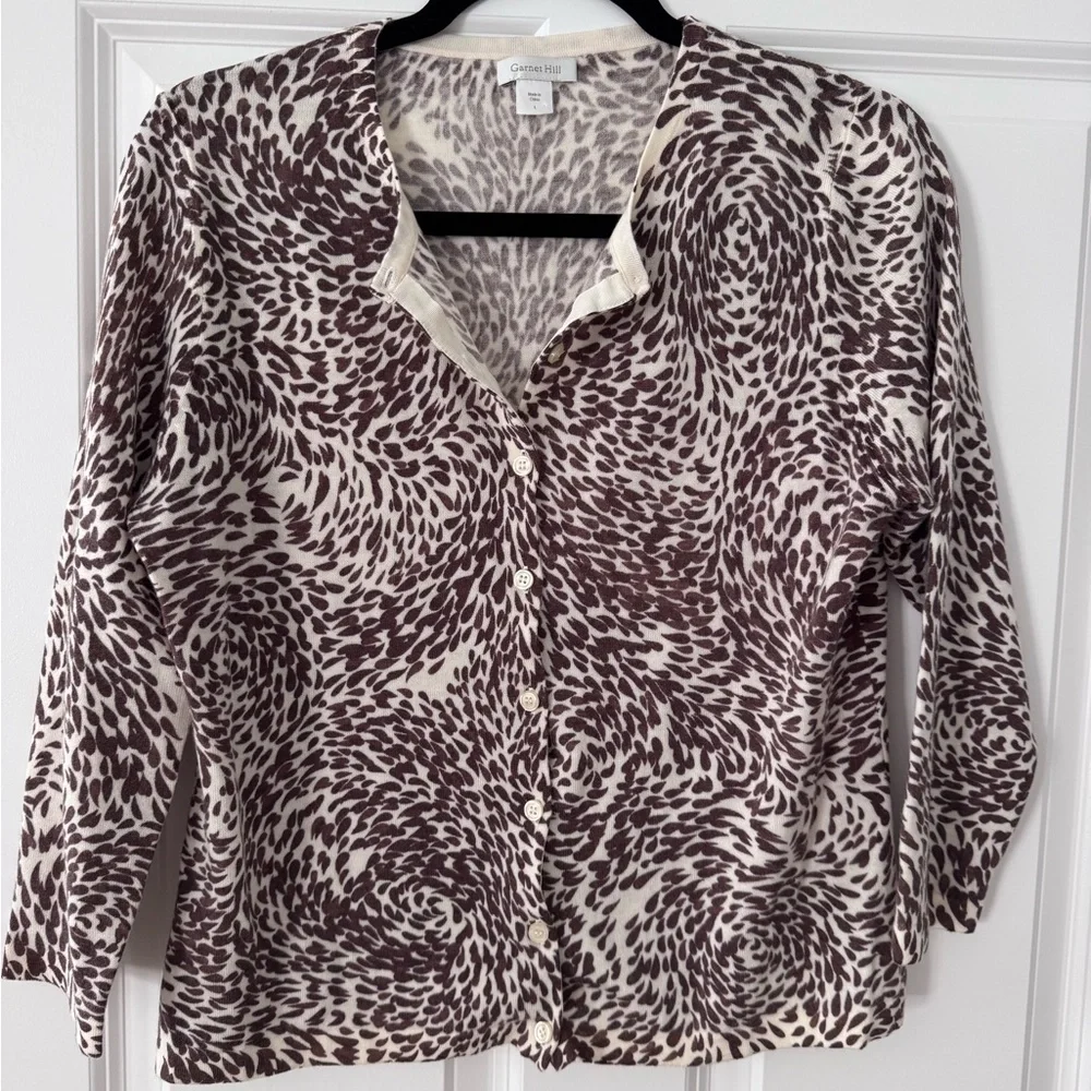 Garnet Hill Signature Merino Cardigan SZ L Brown & Cream Animal Inspired Swirl